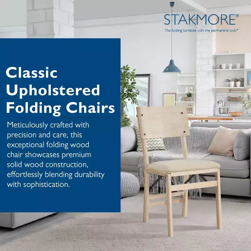 Stakmore Aztec Curved Back Premium Solid Wood Dining Table Folding Chair Set with Fabric Padded Upholstered Seat, Set of 2, Unfinished
