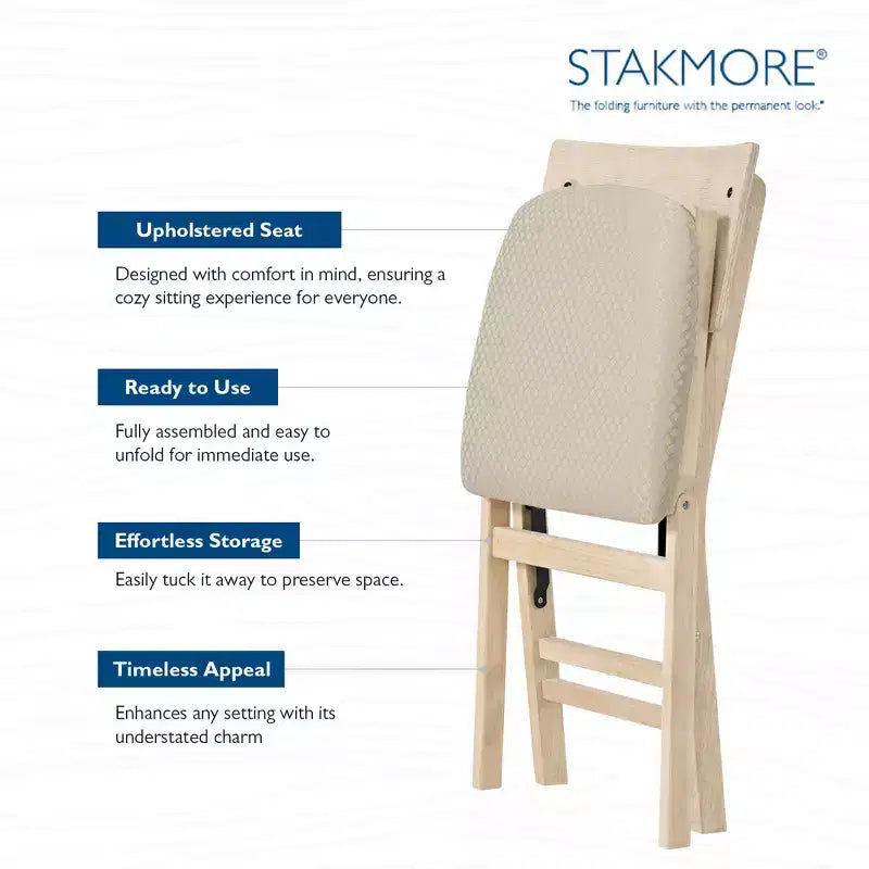 Stakmore Aztec Curved Back Premium Solid Wood Dining Table Folding Chair Set with Fabric Padded Upholstered Seat, Set of 2, Unfinished