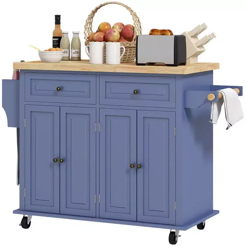 HOMCOM Isola Carrello da Cucina con Ruote, Carrello da Servizio Pieghevole in Legno di Gomma con Portaspezie, Portasciugamani e Cassetti per Sala da Pranzo