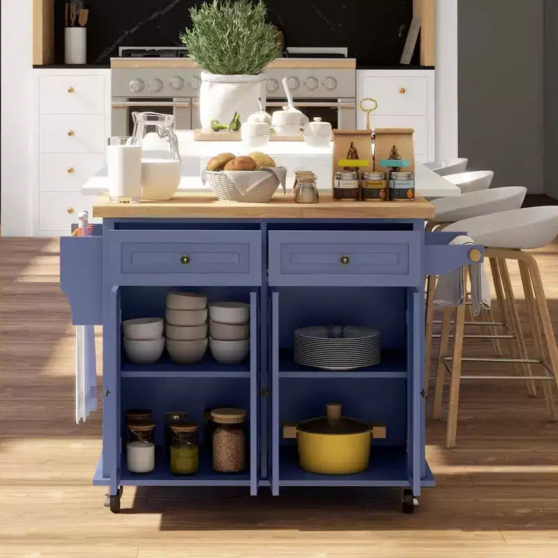 HOMCOM Isola Carrello da Cucina con Ruote, Carrello da Servizio Pieghevole in Legno di Gomma con Portaspezie, Portasciugamani e Cassetti per Sala da Pranzo