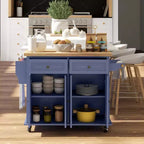 HOMCOM Isola Carrello da Cucina con Ruote, Carrello da Servizio Pieghevole in Legno di Gomma con Portaspezie, Portasciugamani e Cassetti per Sala da Pranzo