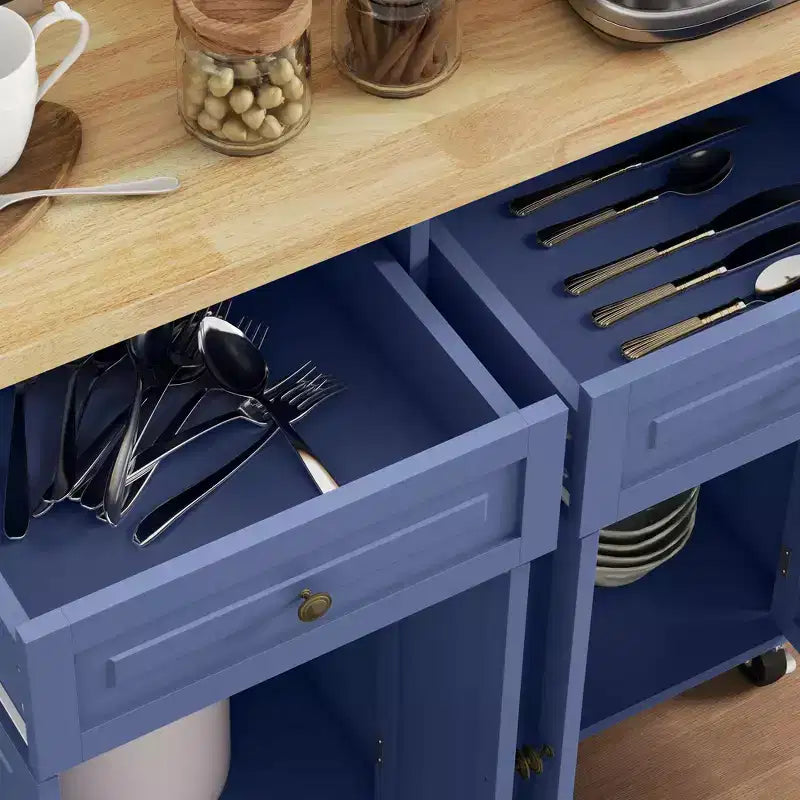 HOMCOM Isola Carrello da Cucina con Ruote, Carrello da Servizio Pieghevole in Legno di Gomma con Portaspezie, Portasciugamani e Cassetti per Sala da Pranzo