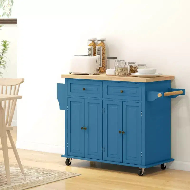 HOMCOM Isola Carrello da Cucina con Ruote, Carrello da Servizio Pieghevole in Legno di Gomma con Portaspezie, Portasciugamani e Cassetti per Sala da Pranzo