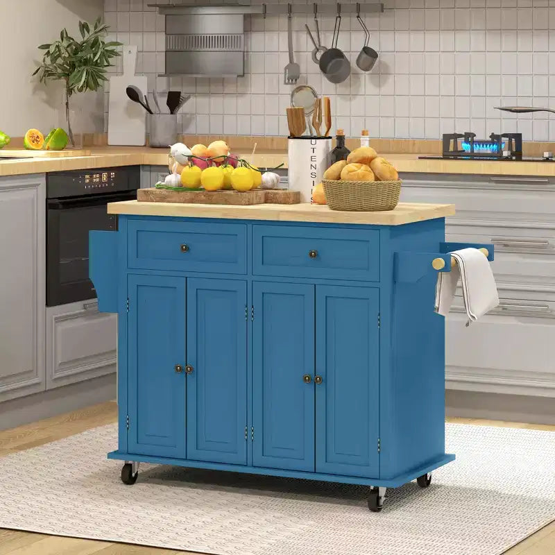 HOMCOM Isola Carrello da Cucina con Ruote, Carrello da Servizio Pieghevole in Legno di Gomma con Portaspezie, Portasciugamani e Cassetti per Sala da Pranzo