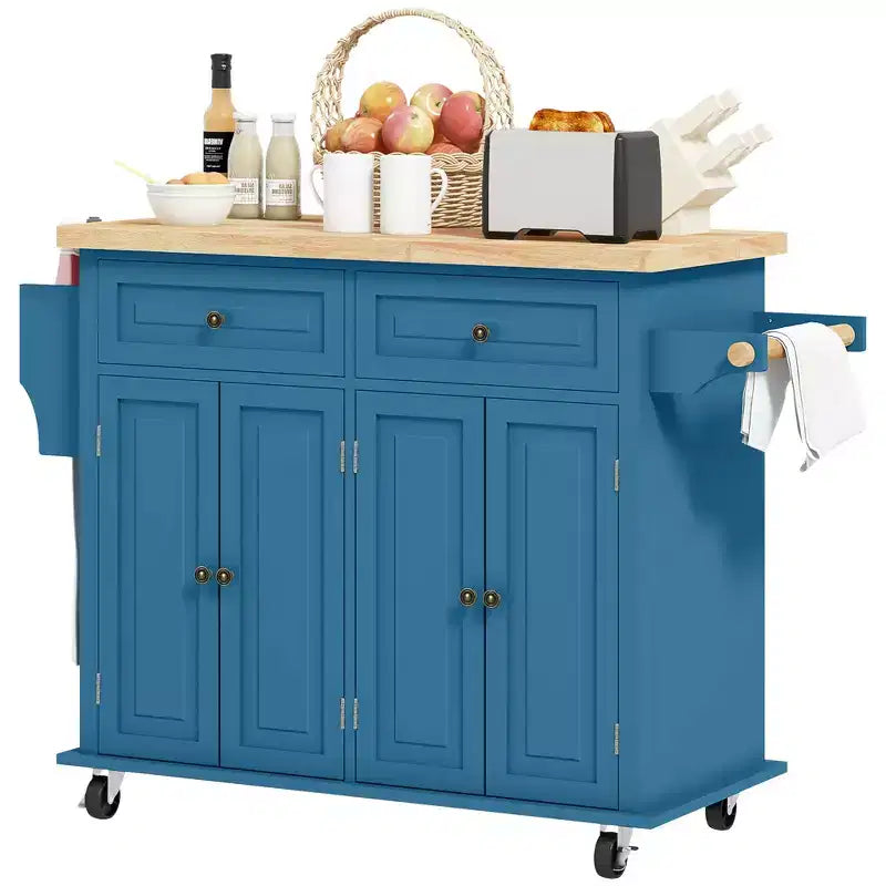 HOMCOM Isola Carrello da Cucina con Ruote, Carrello da Servizio Pieghevole in Legno di Gomma con Portaspezie, Portasciugamani e Cassetti per Sala da Pranzo
