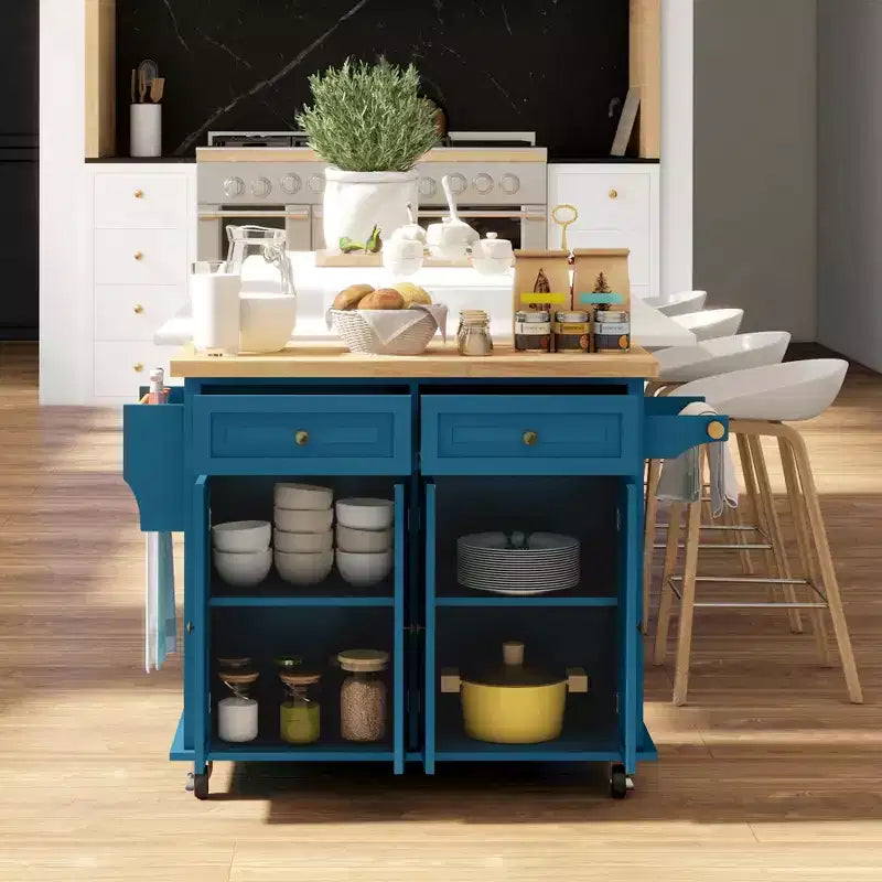 HOMCOM Isola Carrello da Cucina con Ruote, Carrello da Servizio Pieghevole in Legno di Gomma con Portaspezie, Portasciugamani e Cassetti per Sala da Pranzo