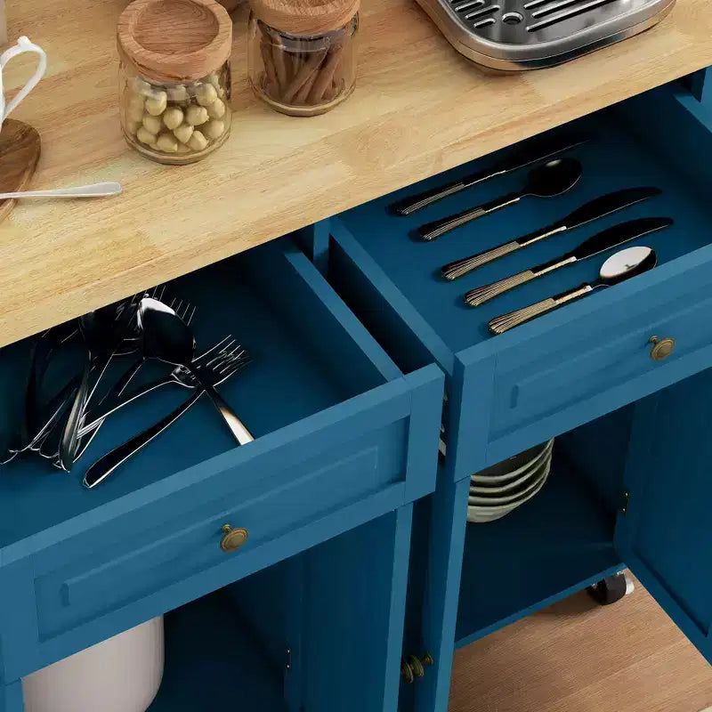 HOMCOM Isola Carrello da Cucina con Ruote, Carrello da Servizio Pieghevole in Legno di Gomma con Portaspezie, Portasciugamani e Cassetti per Sala da Pranzo