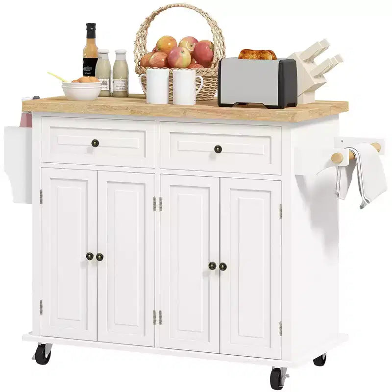 HOMCOM Isola Carrello da Cucina con Ruote, Carrello da Servizio Pieghevole in Legno di Gomma con Portaspezie, Portasciugamani e Cassetti per Sala da Pranzo