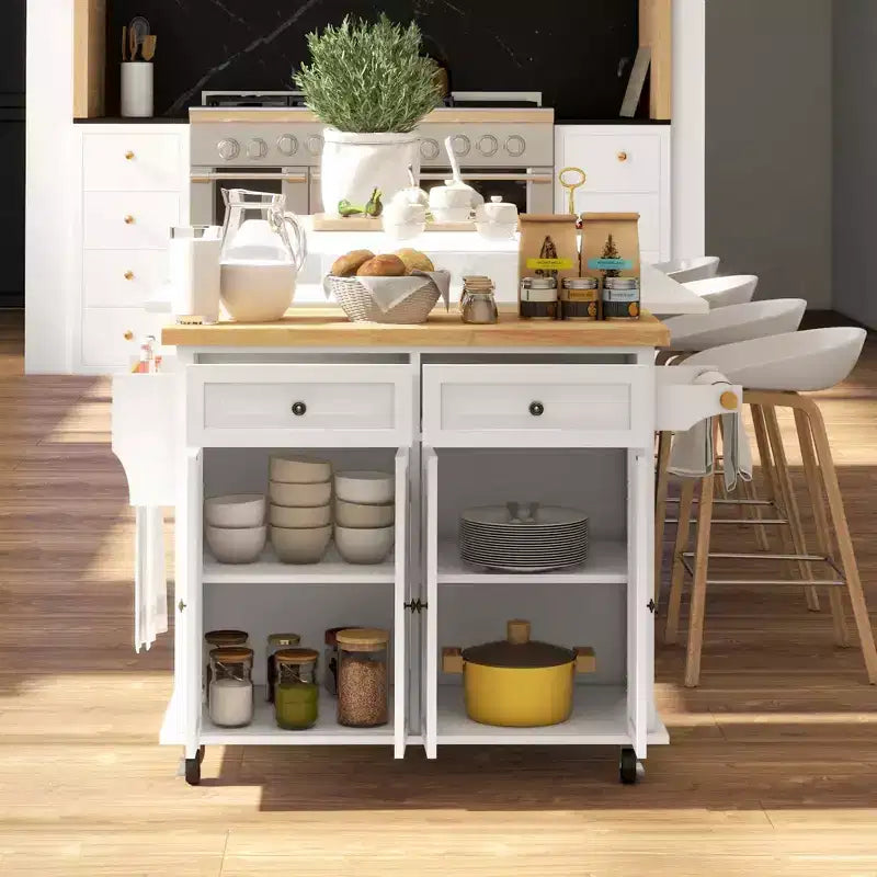 HOMCOM Isola Carrello da Cucina con Ruote, Carrello da Servizio Pieghevole in Legno di Gomma con Portaspezie, Portasciugamani e Cassetti per Sala da Pranzo