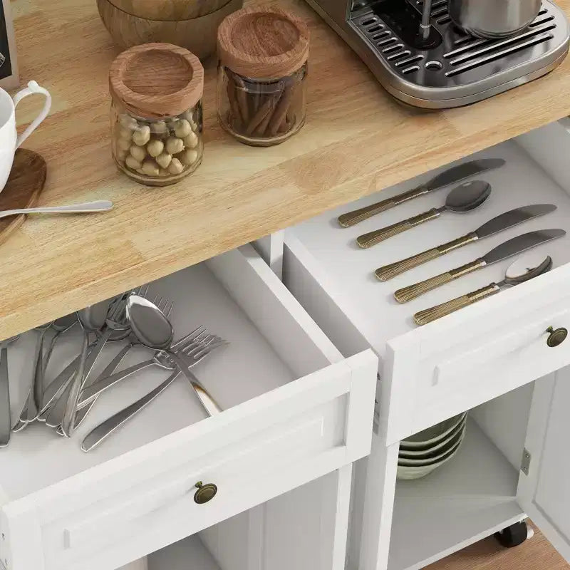 HOMCOM Isola Carrello da Cucina con Ruote, Carrello da Servizio Pieghevole in Legno di Gomma con Portaspezie, Portasciugamani e Cassetti per Sala da Pranzo