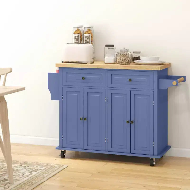 HOMCOM Isola Carrello da Cucina con Ruote, Carrello da Servizio Pieghevole in Legno di Gomma con Portaspezie, Portasciugamani e Cassetti per Sala da Pranzo
