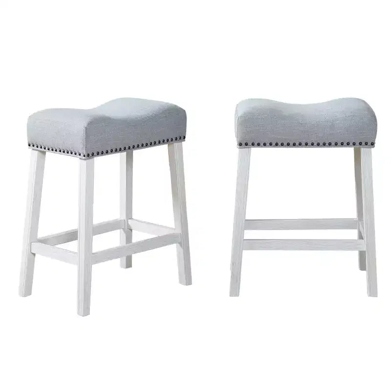Sgabelli imbottiti da bancone Roundhill Furniture CoCo - Sedile a sella, finitura bianco anticato, tessuto grigio, set da 2