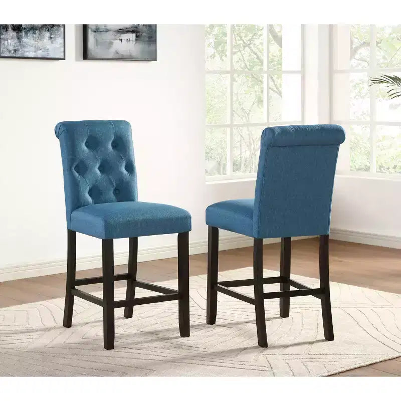 Roundhill Furniture Leviton Solid Wood Tufted Asons Counter Height Stool, Blue, Set of 2