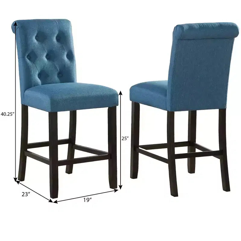 Roundhill Furniture Leviton Solid Wood Tufted Asons Counter Height Stool, Blue, Set of 2