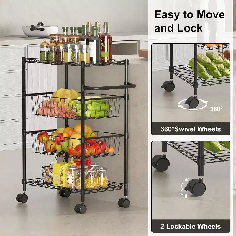 Carrelli Rotanti a 4 Ripiani, Carrello Utilitario in Filo Metallico con Ruote e Maniglia, Carrello di Servizio Portatile Robusto da 50kg per Ristorante, Cucina, Nero