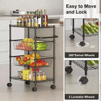 Carrelli Rotanti a 4 Ripiani, Carrello Utilitario in Filo Metallico con Ruote e Maniglia, Carrello di Servizio Portatile Robusto da 50kg per Ristorante, Cucina, Nero