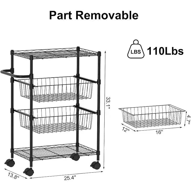 Carrelli Rotanti a 4 Ripiani, Carrello Utilitario in Filo Metallico con Ruote e Maniglia, Carrello di Servizio Portatile Robusto da 50kg per Ristorante, Cucina, Nero