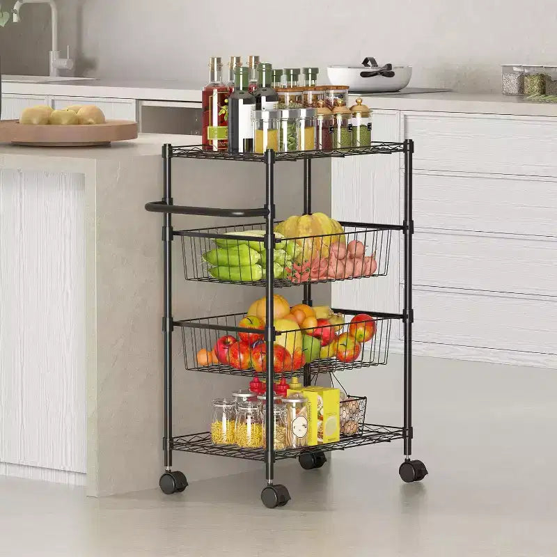 Carrelli Rotanti a 4 Ripiani, Carrello Utilitario in Filo Metallico con Ruote e Maniglia, Carrello di Servizio Portatile Robusto da 50kg per Ristorante, Cucina, Nero