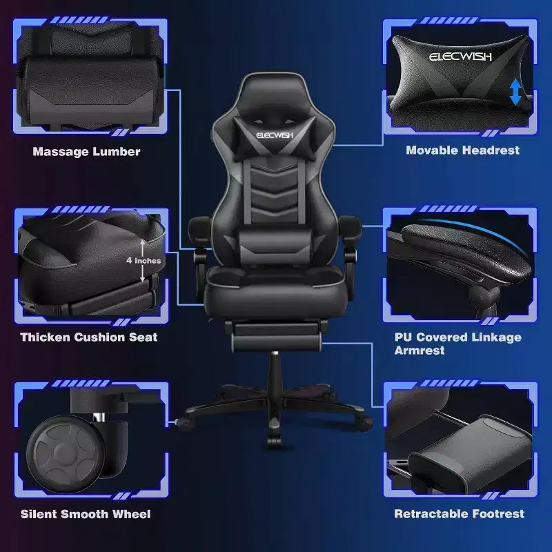 Sedia da gaming ELECWISH con poggiapiedi, supporto lombare, sedia da computer traspirante con cuscino a molle insacchettate, sedie per adulti