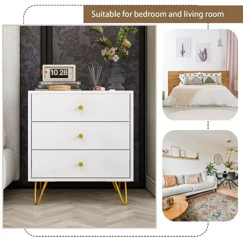 Comodino Bianco Alla Moda Famapy 3 Cassetti Scorrevoli Bello e Resistente
