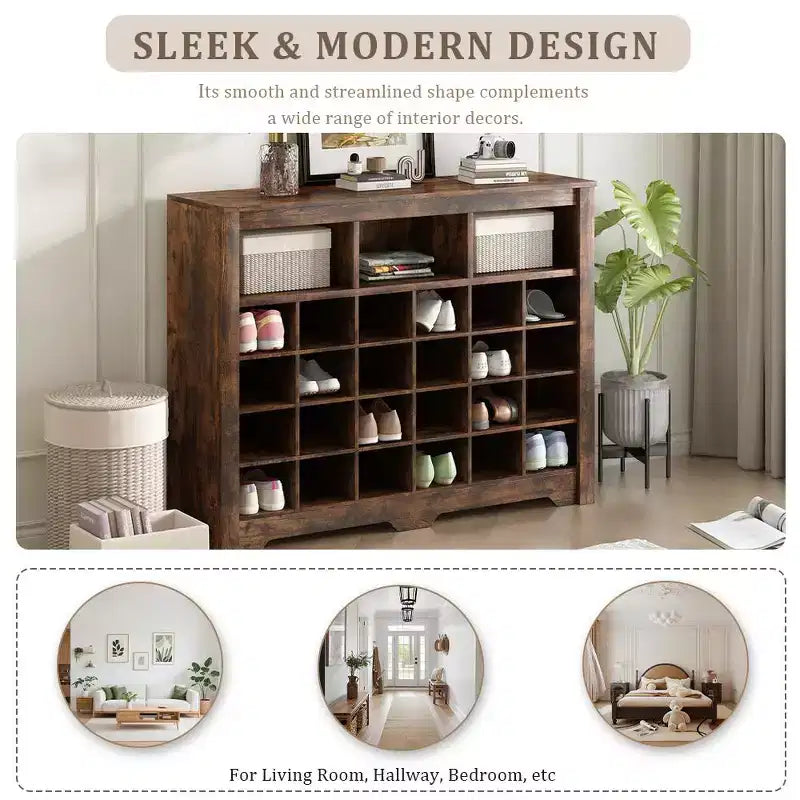 Whisen Rustic Shoe Storage Cabinet, Entryway Shoe Rack with 24-Shoe Cubby Console and Curved Base