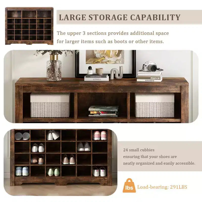 Whisen Rustic Shoe Storage Cabinet, Entryway Shoe Rack with 24-Shoe Cubby Console and Curved Base