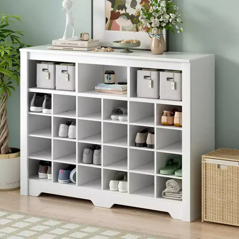 Whisen Rustic Shoe Storage Cabinet, Entryway Shoe Rack with 24-Shoe Cubby Console and Curved Base