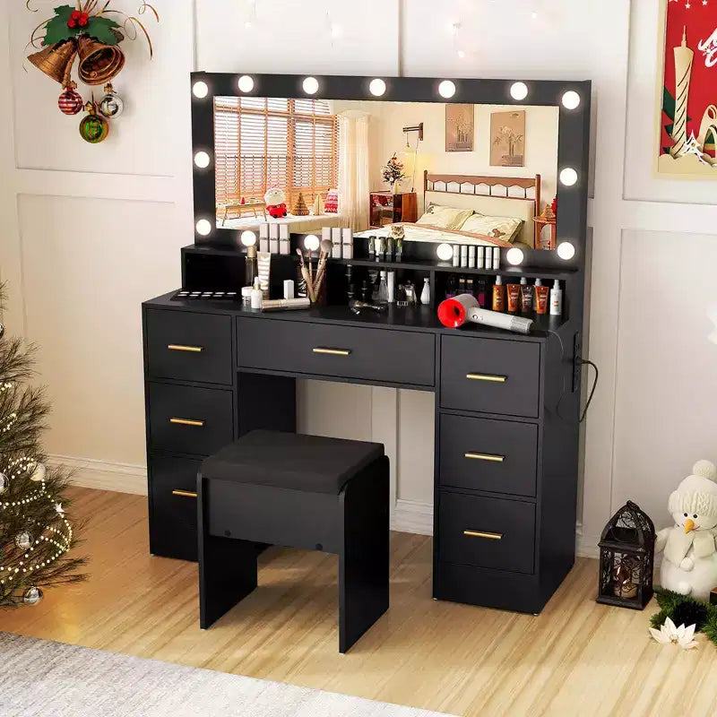 Costway Makeup Vanity Desk with Mirror and Lights Charging Station 3-Color LED Lights Black/White
