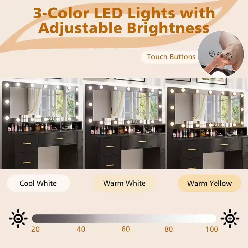 Costway Makeup Vanity Desk with Mirror and Lights Charging Station 3-Color LED Lights Black/White