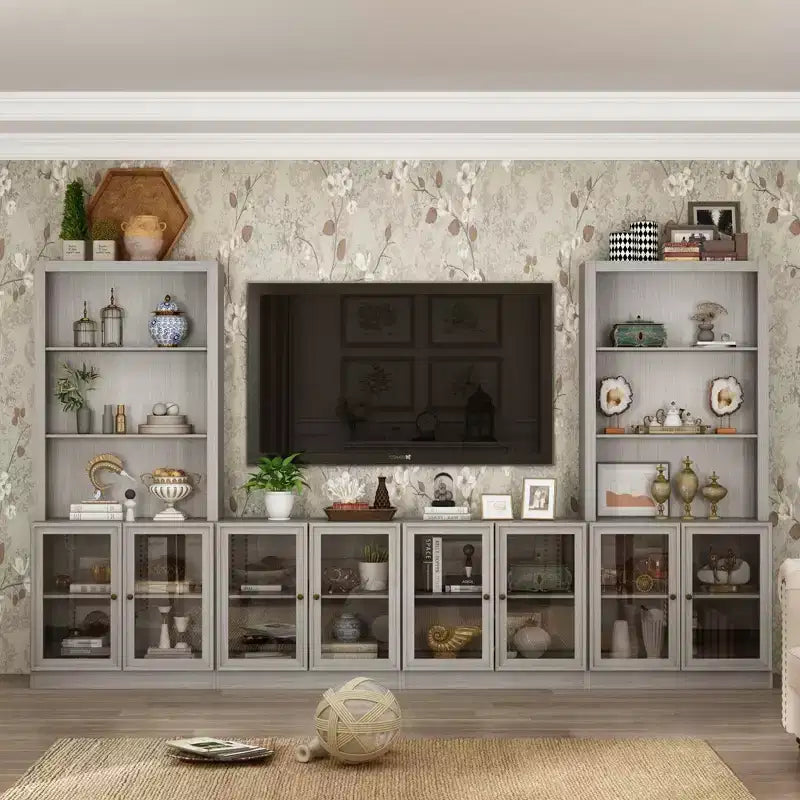 Famapy Gray Modular TV Console Large Entertainment Center Tempered Glass Display Cabinet