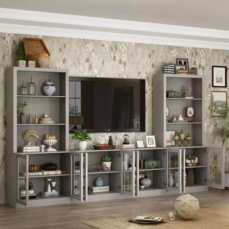 Famapy Gray Modular TV Console Large Entertainment Center Tempered Glass Display Cabinet