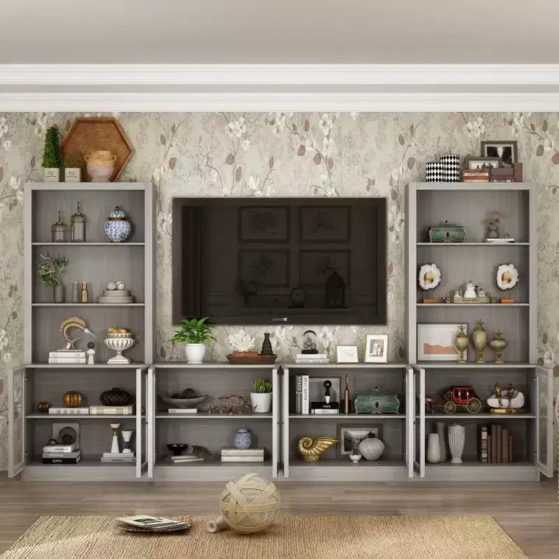 Famapy Gray Modular TV Console Large Entertainment Center Tempered Glass Display Cabinet