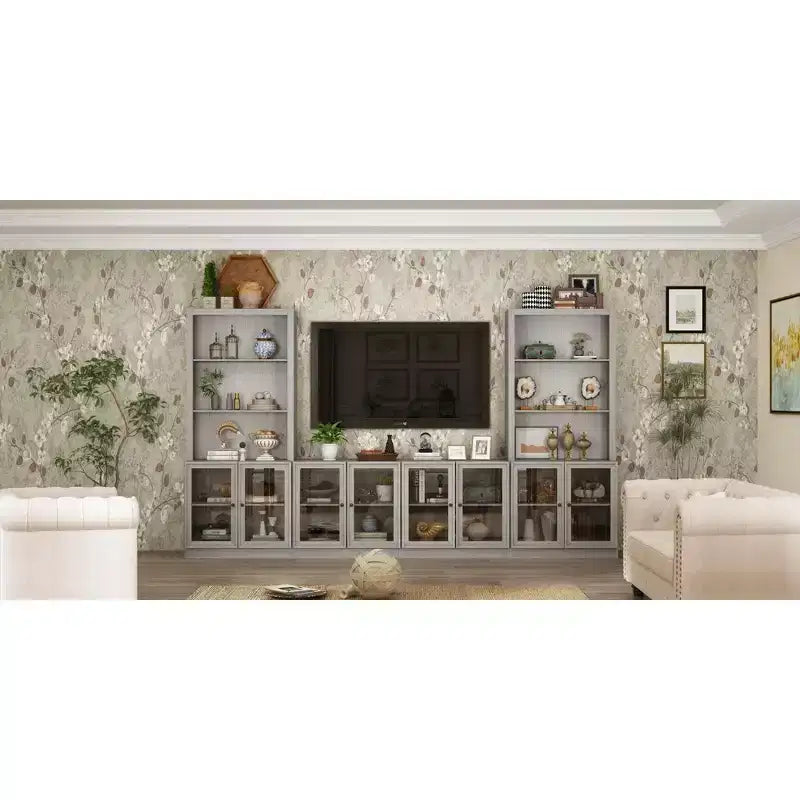 Famapy Gray Modular TV Console Large Entertainment Center Tempered Glass Display Cabinet