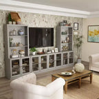 Famapy Gray Modular TV Console Large Entertainment Center Tempered Glass Display Cabinet