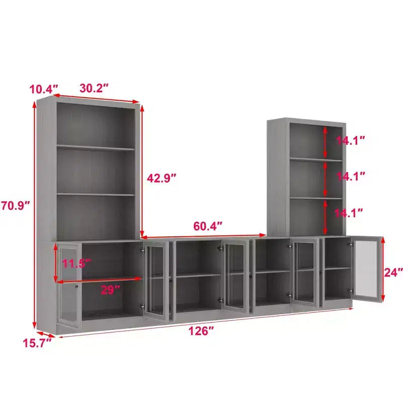 Famapy Gray Modular TV Console Large Entertainment Center Tempered Glass Display Cabinet