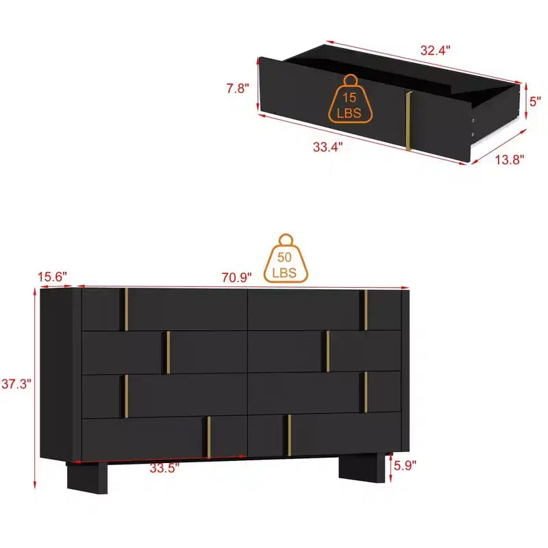 Famapy Eight Drawer Horizontal Dresser Sophisticated black finish and staggered gold knob design