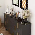 Famapy Eight Drawer Horizontal Dresser Sophisticated black finish and staggered gold knob design