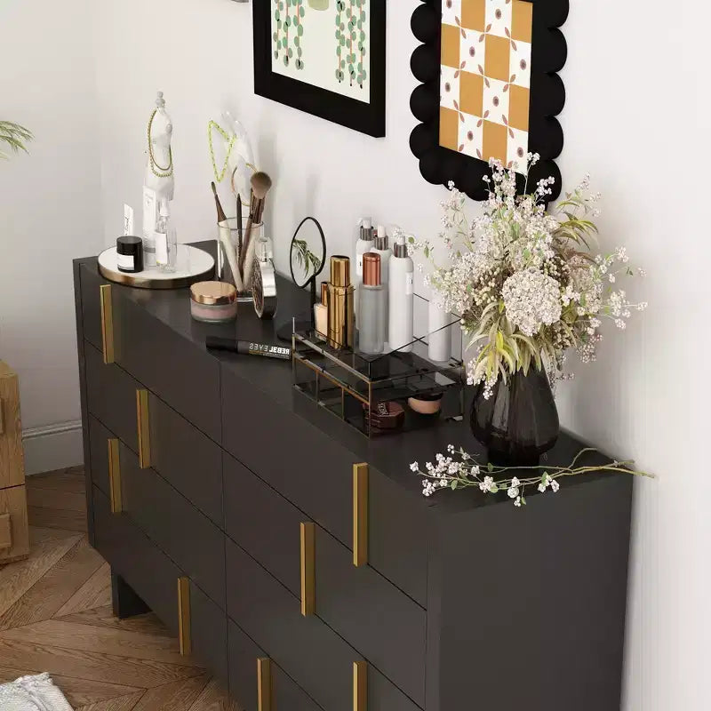 Famapy Eight Drawer Horizontal Dresser Sophisticated black finish and staggered gold knob design