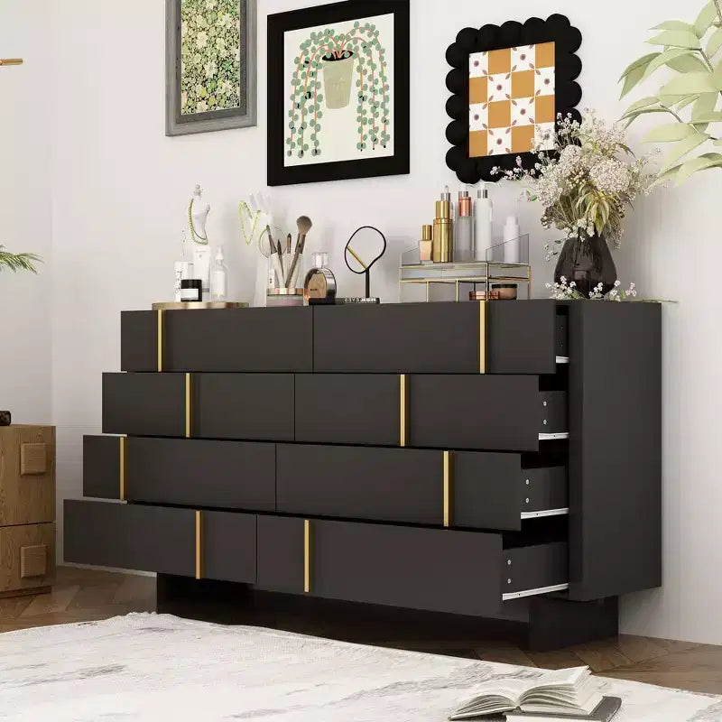 Famapy Eight Drawer Horizontal Dresser Sophisticated black finish and staggered gold knob design
