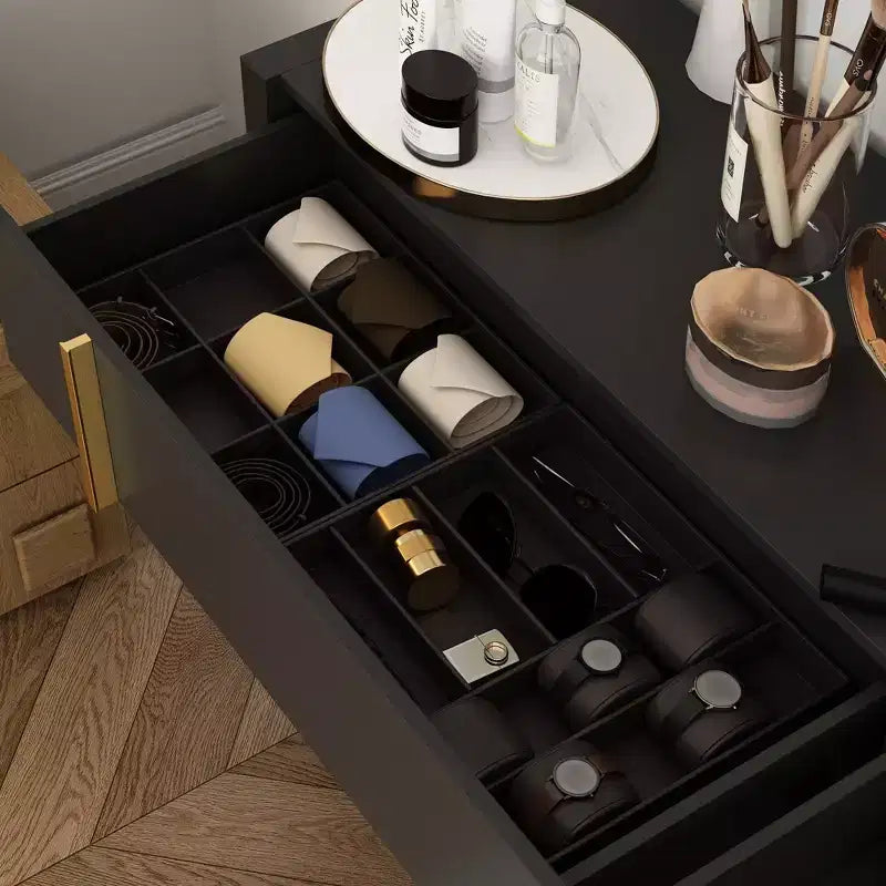 Famapy Eight Drawer Horizontal Dresser Sophisticated black finish and staggered gold knob design