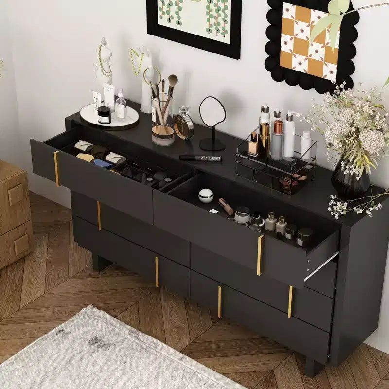 Famapy Eight Drawer Horizontal Dresser Sophisticated black finish and staggered gold knob design