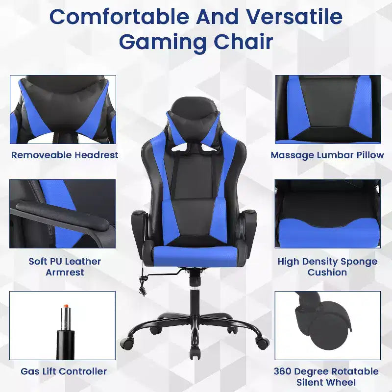BestMassage Gaming Chair High-Back Office Chair with Lumbar Support Massage Function and PU Leather Rolling Swivel Chair for Adults and Teens