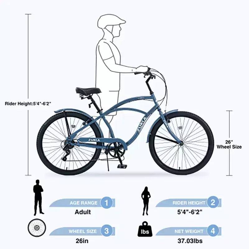 Bicicletta da crociera da 26 pollici, bici da crociera da spiaggia da uomo e da donna a 7 velocità in vari colori con freni a V anteriori e posteriori