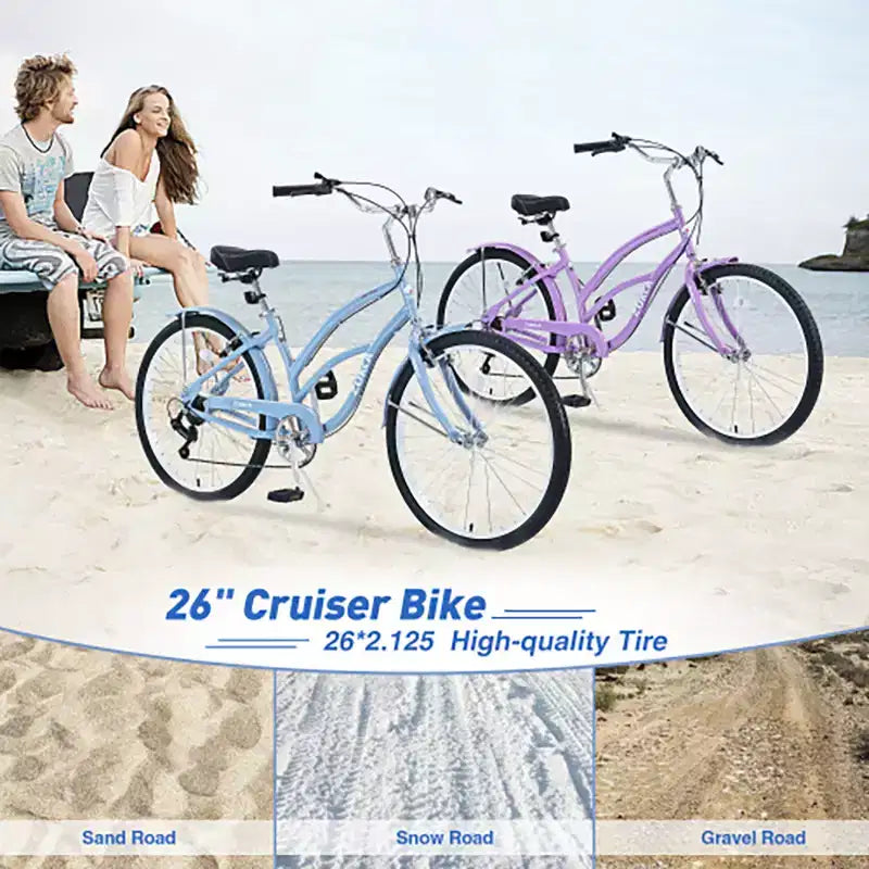 Bicicletta da crociera da 26 pollici, bici da crociera da spiaggia da uomo e da donna a 7 velocità in vari colori con freni a V anteriori e posteriori