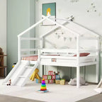 Youth Loft Bed with Slide, Access Ladder, and Guard Rails, Complete with Playhouse-Style Roof