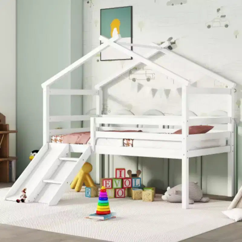Youth Loft Bed with Slide, Access Ladder, and Guard Rails, Complete with Playhouse-Style Roof
