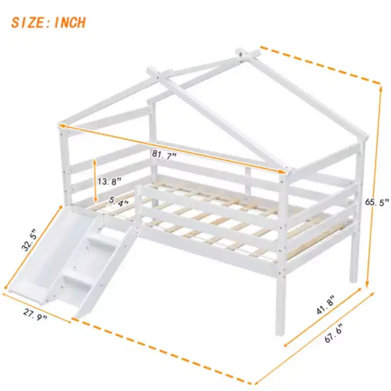 Youth Loft Bed with Slide, Access Ladder, and Guard Rails, Complete with Playhouse-Style Roof