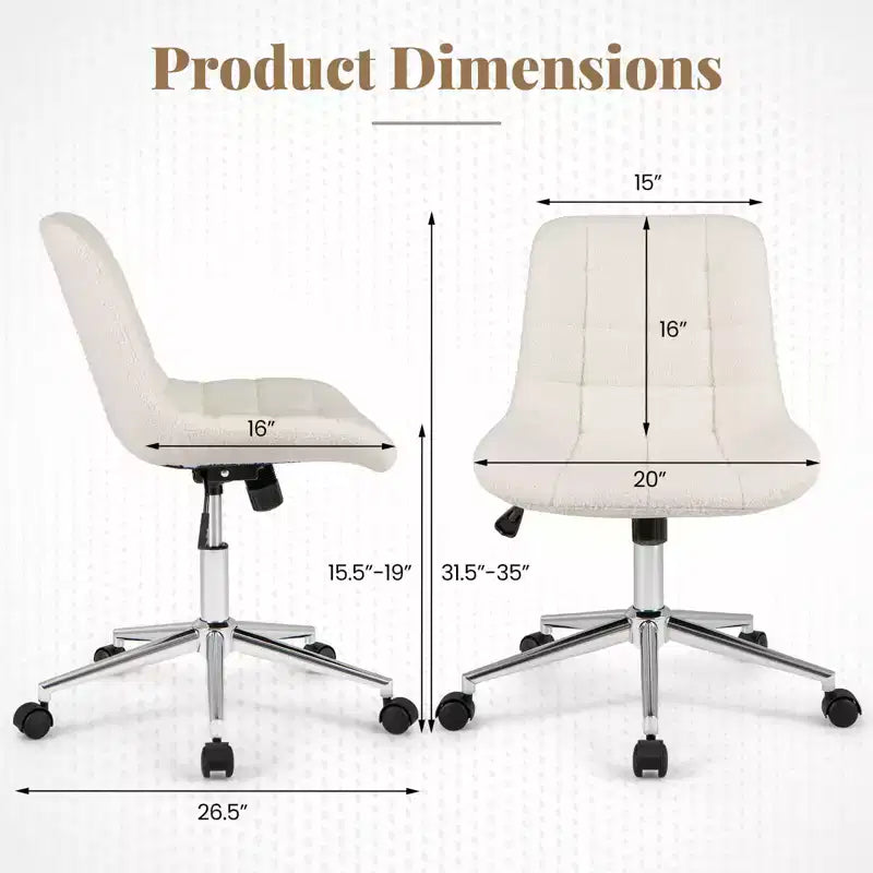 Costway Upholstered Armless Office Chair with Adjustable Height & Wheels for Small Spaces Gray/White