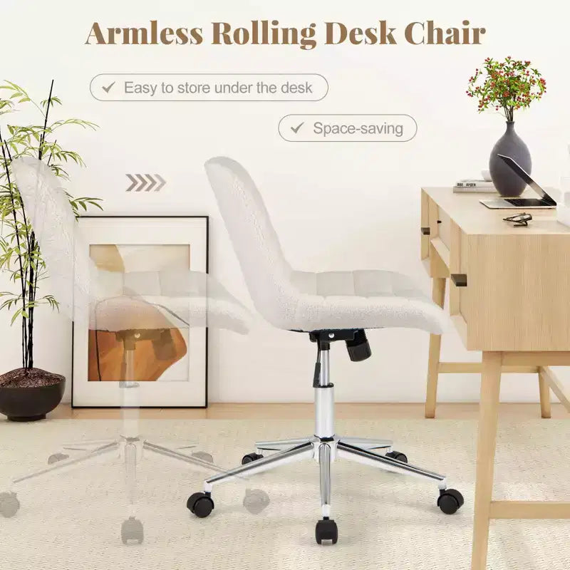 Costway Upholstered Armless Office Chair with Adjustable Height & Wheels for Small Spaces Gray/White