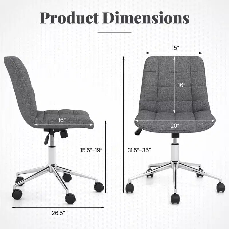 Costway Upholstered Armless Office Chair with Adjustable Height & Wheels for Small Spaces Gray/White